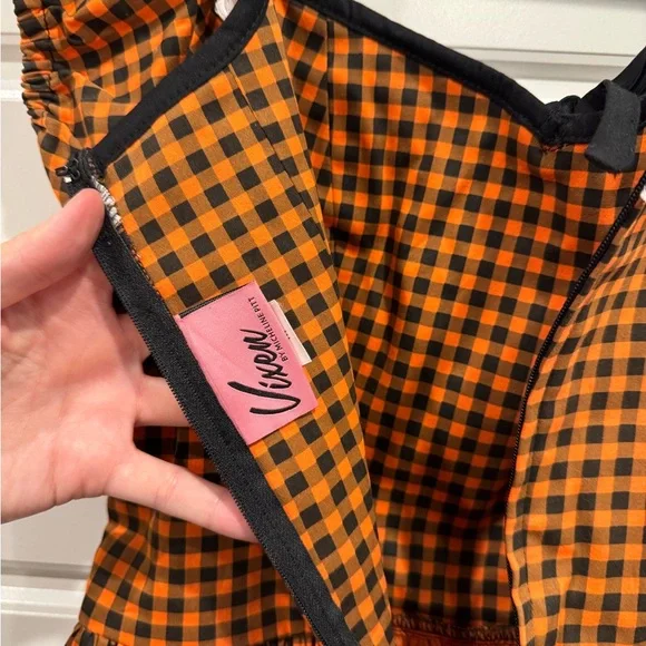 Vixen by Micheline Pitt Orange Checkered Midi Dress with Black Accents - Picture 5 of 5